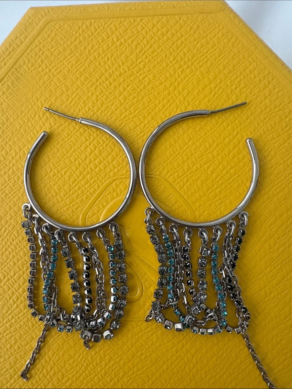 Swarovski Silver Hoop Earrings with Turquoise and Clear Crystal Chains